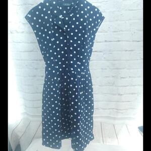 Lauren Ralph Lauren Dark Navy White Polka Dots Tie Waist A-line Size 8 Dress